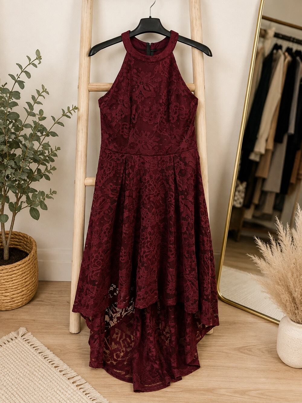 Dressystar Women’s XL Burgundy Lace High Low Maxi Dress Formal Wedding Guest